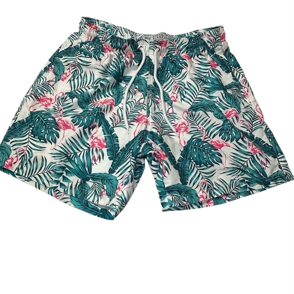 Free Planet Tropical Green and Pink Leaf Swim Flamingo Trunks Size L